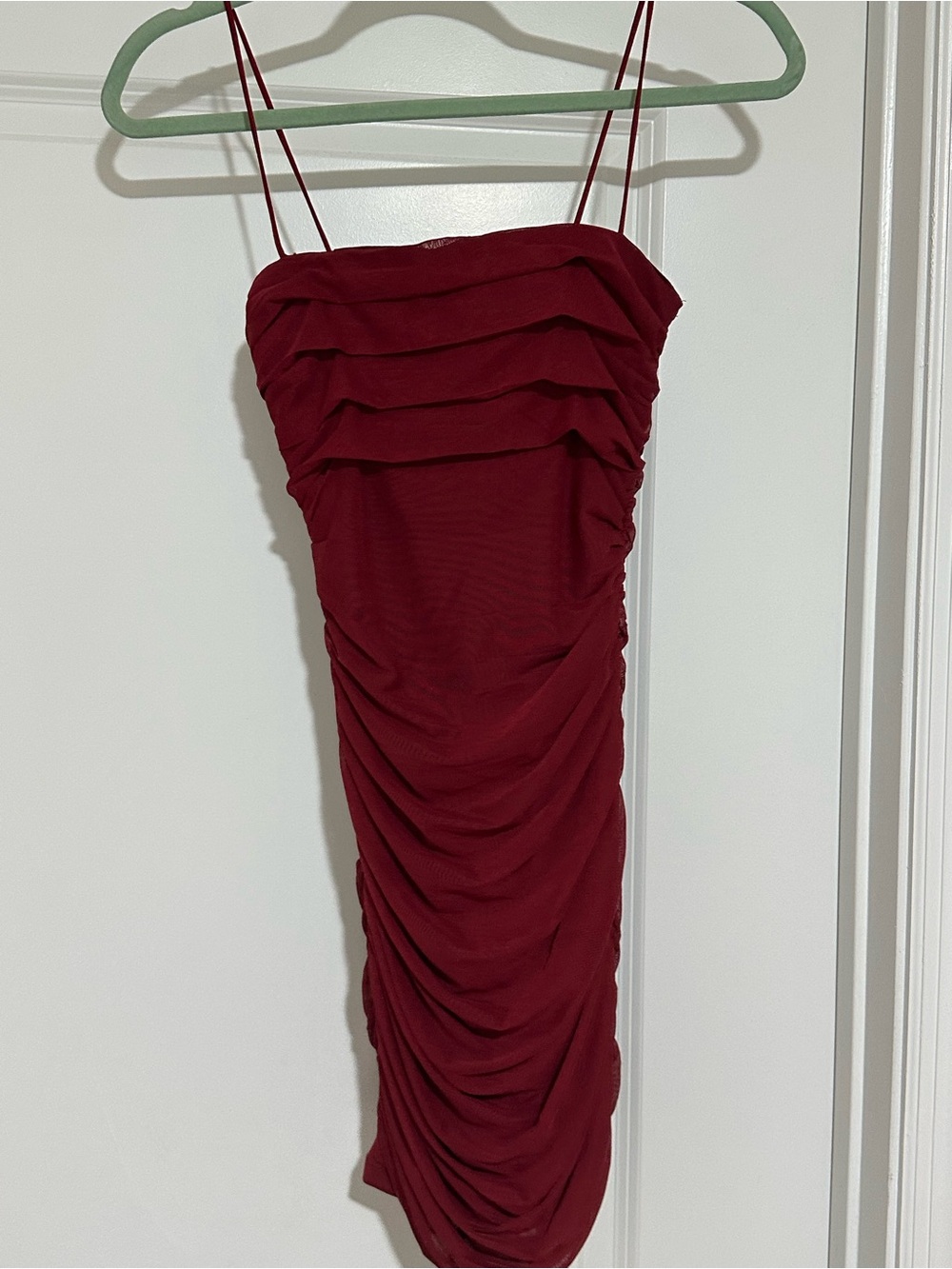 Princess Polly Burgundy Ruched Spaghetti Strap Mini Dress